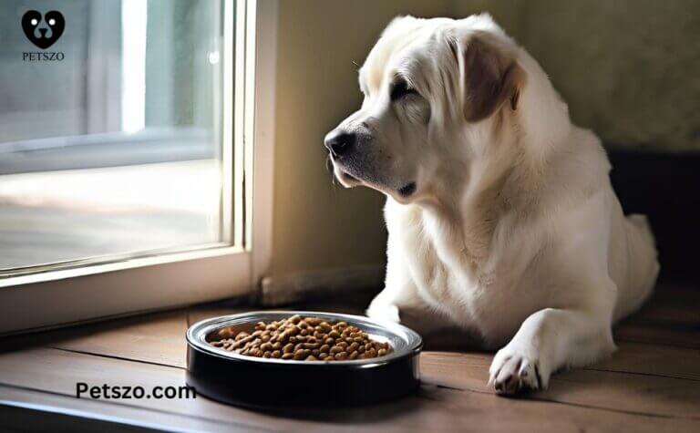 A white Labrador Retriever lying near a food bowl, refusing to eat. Learn the possible reasons for a dog's appetite loss and how to encourage healthy eating.