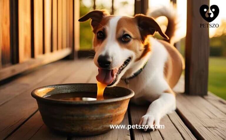 A happy dog enjoying warm chicken broth on a wooden porch at sunset. Discover Chicken Broth for Dogs Health Benefits & Risks.