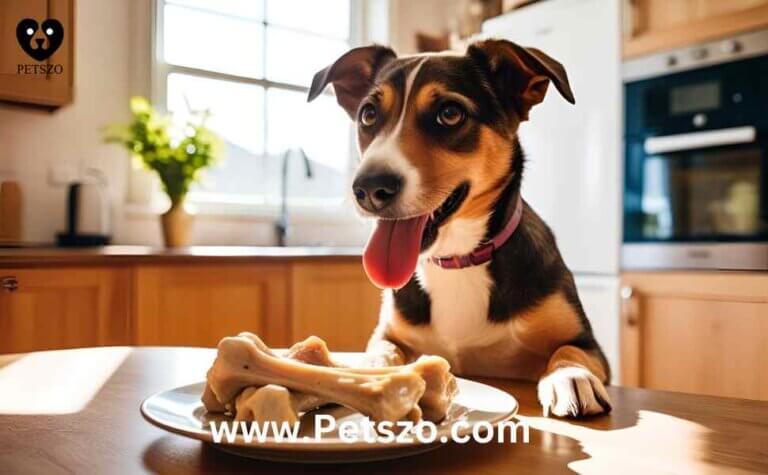 "Dog eagerly eyeing a plate of chicken bones in a kitchen, raising concerns about the safety of feeding chicken bones to pets."