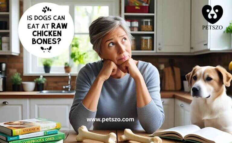 A thoughtful woman sitting in a kitchen with a curious dog beside her, looking at raw chicken bones on the table. A speech bubble asks, "Can dogs eat raw chicken bones?"—highlighting the debate on whether raw bones are safe for dogs.